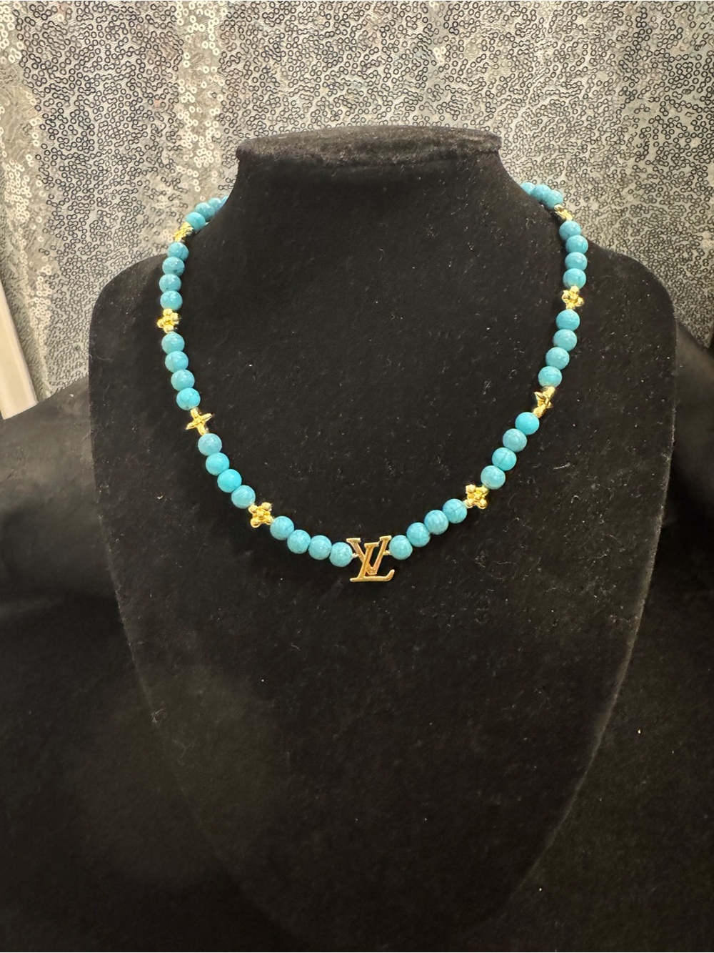 Louis Vuitton Turquoise Bead and Gold LV Monogram Necklace